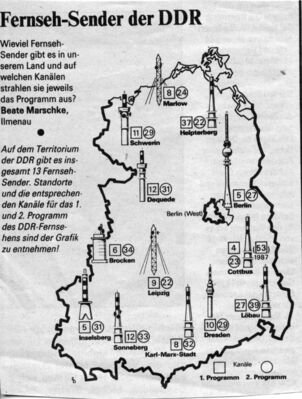 TV-Sender in der DDR Ende 1986
TV-Senderkarte für die DDR, Stand: Ende 1986. Am QTH Cottbus (Calau) wechselte DDR1 von E-4 auf Kanal 53 mit meherenen Monaten Simulcastbetrieb.
Quelle: FF Dabei
Schlüsselwörter: Senderkarte TV DDR 1986
