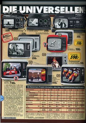 Seite 854: Kofferfernseher, DX-freundlich und teilweise aus der DDR
Ja, da laufen heute einem DXer die Augen über: jede Menge DX-freundlicher Kleinfernseher ohne Bluescreen, Muting oder ähnliches waren damals im Angebot. Und nicht wenige stammten aus der DDR. Beispiel: Artikel Nr. 5 ("Palladium" für 228,- DM) ist eindeutig der "Robotron CombiVision RF3301"
Schlüsselwörter: Katalog Neckermann Fernseher Kofferfernesher tragbare DX-freundlich DDR-Produktion