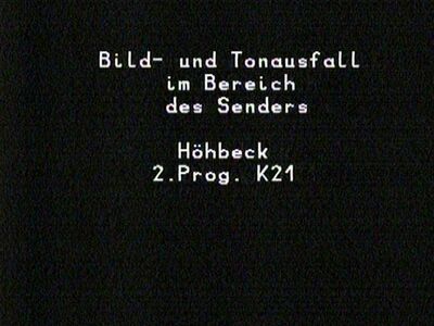 Hinweistafel "Bild- und Tonausfall"
Hoppla! Schwerin holt sich das ZDF per Ballempfang heran.. Keine RiFu mehr?
Schlüsselwörter: TV Hinweistafel Ausfall RiFu Richtfunkstrecke Schwerin ZDF