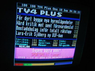 2008_09_10_HWI1_026.JPG
"TV4 Plus" (Px verschlüsselt, aber VT ist FTA), DTT Nät 2 Skåne, SFN Skåne Län, K43
Schlüsselwörter: TV Tropo Überreichweite DVB-T Schweden Skåne Nät 2 TV4 Plus Videotext Teletext