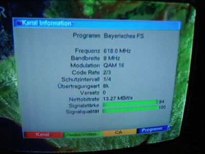 2009_05_11_HWI1_003.JPG
Bayerisches Fernsehen, NDR Schleswig-Holstein, SFN SHS-Ostküste, K39 mit extrem starkem Signal vom Bungsberg
Schlüsselwörter: TV DVB-T NDR Schleswig-Holstein Signalstärke Level Bungsberg