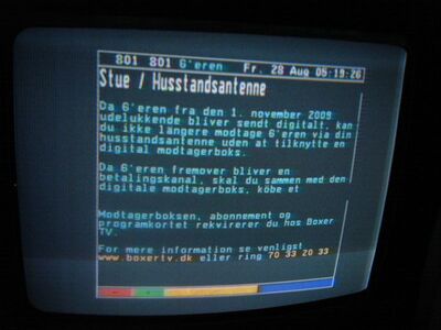 2009_08_28_HWI1_010.JPG
Teletext 6'eren,  Boxer Intro, Åbenrå 1 (Røde Kro), K64. Hinweise zur Analog-Abschaltung
Schlüsselwörter: TV Tropo Überreichweite DVB-T Dänemark Danmark Denmark TV2 Zulu VT Teletext Tekst TV ATO Abschaltung analog