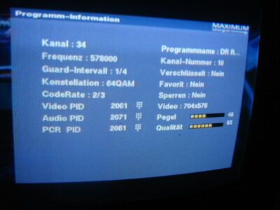 2010_08_27_HWI1_003.JPG
Sendeparameter DIGI TV 2, SFN Nakskov/Vordingborg, K34. Rx: Maximum T-1300
Schlüsselwörter: TV Tropo Überreichweite DVB-T Dänemark Danmark Denmark DIGI 2 Sendeparameter Maximum T-1300