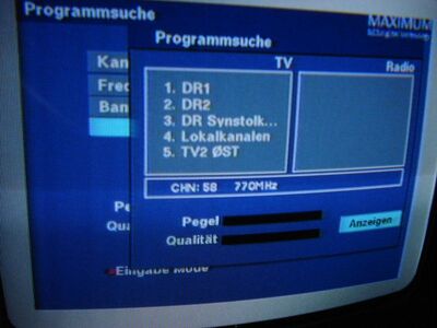 2012_03_09_HWI1_002.JPG
Das neue "DIGI TV 1 Øst"-Bouquet für Sjælland, SFN Nakskov/Vordingborg, K58. Alle "DIGI TV 1"-Pakete senden bereits in MPEG-4. "Kanal Øst" hat sich zudem in Lokalkanalen umbenannt, TV2 Øst sendet als eigenständiges Regionalprogramm
Schlüsselwörter: TV Tropo Überreichweite DVB-T Dänemark Danmark DIGI TV 1 MPEG4 Lokalkanalen K58