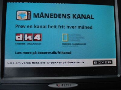 2014_11_09_HWI1_002.JPG
Boxer Infokanal mit Eigenwerbung für Abos, Boxer Danmark Mux 4, SFN Nakskov/Vordingborg, K38
Schlüsselwörter: TV Tropo Überreichweite UHF DVB-T DTT digital Dänemark Danmark Boxer Mux4 Infokanal Werbung Nakskov Vordingborg K38