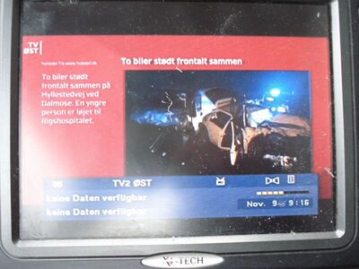 2014_11_09_HWI1_006.JPG
"TV Øst" (TV2-regional-Px), DIGI TV 1 Øst, SFN Nakskov/Vordingborg/Jyderup, K58
Schlüsselwörter: TV DX Tropo Überreichweite DVB-T DTT digital UHF Dänemark Danmark TV2 Regional Øst DIGI Nakskov Vordingborg K58