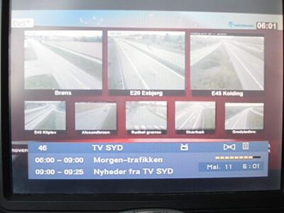 2015_05_11_HWI1_003.JPG
"TV2 Syd" mit Verkehrskameras, DIGI TV 1 Syd, SFN Åbenrå/Flensburg, K37
Schlüsselwörter: TV DX Tropo Überreichweite DVB-T DTT digital UHF Dänemark Danmark DIGI TV1 TVSyd TV2 Syd Åbenrå K37