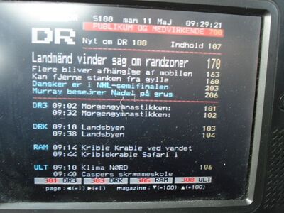 2015_05_11_HWI1_014.JPG
Einheitlicher Videotext ("Tekst-TV") für alle DR-Programme
Schlüsselwörter: TV DX Tropo Überreichweite DVB-T DTT digital UHF Dänemark Danmark DIGI DR Videotext Teletext Tekst-TV