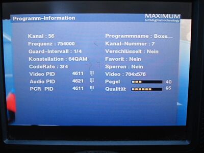 2015_09_09_HWI1_002.JPG
"Boxer Infokanal", Boxer Danmark Mux 4, SFN Århus/Viborg, K56
Schlüsselwörter: TV Tropo Überreichweite UHF DVB-T DTT digital Dänemark Danmark Boxer Mux4 Infokanal Østjylland Århus Viborg K56