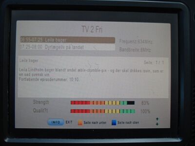 2016_05_06_HWI1_003.JPG
EPG des TV 2 Fri, Boxer Danmark Mux 6, SFN Sønderjylland/Fyn, K41 (Rx: TS 6800 HEVC)
Schlüsselwörter: TV Tropo Überreichweite UHF DVB-T DTT digital Dänemark Danmark TV2 Fri Boxer Mux6 SFN Sønderjylland Fyn K41 Suchlauf TS 6800