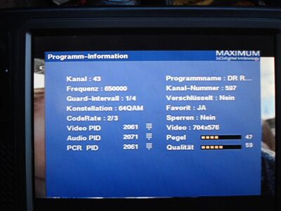 2016_09_26_HWI1_001.JPG
DIGI TV 2, SFN Fyn (Svendborg/Tommerup), K43. Kam an diesem Morgen nur grenzwertig an
Schlüsselwörter: TV Tropo Überreichweite UHF DVB-T DTT digital Dänemark Danmark Ramasjang DIGI TV2 MPEG-4 Fyn Svendborg Tommerup K43