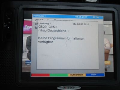 2017_05_08_HWI1_004.JPG
Hamburg 1, SFN Hamburg, K37: Eigenartiger EPG-Eintrag: "nihao Deutschland". Lt. Angabe des Senders handelt es sich um ein deutsch-chinesisches Kulturmagazin
Schlüsselwörter: TV DX UHF DVB-T DTT Hamburg1 K37 MPEG-2 EPG nihao Kulturmagazin