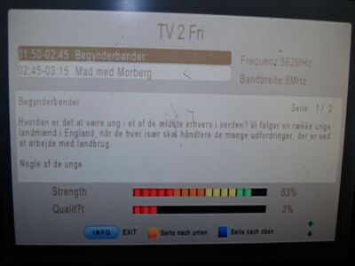 2016_05_13_HWI2_002.JPG
EPG des Px TV 2 Fri, Boxer Danmark Mux 6, SFN Bornholm, K32
Schlüsselwörter: TV DX DVB-T2 Tropo Überreichweite Dänemark Danmark Boxer Mux6 Bornholm K32 EPG TV2Fri