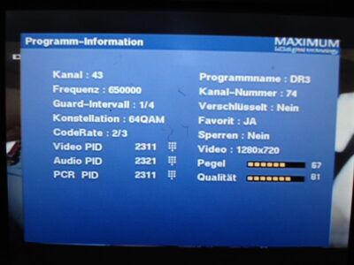 2016_08_26_HWI2_004.JPG
Sendeparameter DIGI TV 2, SFN Fyn (Svendborg, Tommerup), K43
Schlüsselwörter: TV DX DVB-T2 Tropo Überreichweite Dänemark Danmark DIGI DIGI2 Fyn Svendborg Tommerup K43 Parameter