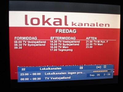 2016_09_26_HWI2_003.JPG
Lokalkanalen, sog. "sendesamvirke" für Sjælland (außer Raum Kopenhagen), DIGI TV 1 Øst, SFN Nakskov/Vordingborg/Jyderup, K58
Schlüsselwörter: TV DX DVB-T Tropo Überreichweite Dänemark Danmark Lokalkanalen DIGI DIGI1 Øst Sjælland Nakskov Vordingborg Jyderup K58 FTA MPEG-4