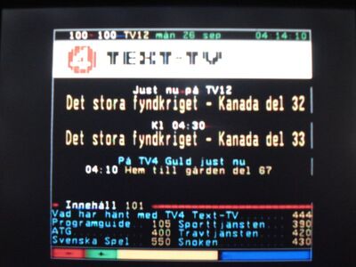 2016_09_26_HWI2_010.JPG
Teletext TV4 Film (einheitlicher VT für alle TV4-Px), DTT Nät 5, SFN Skåne Län, K22
Schlüsselwörter: TV DX DVB-T Tropo Überreichweite Schweden Sverige DTT Nät5 Skåne Län MPEG-4 K22 VT TTX Teletext Videotext