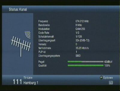 2016_10_20_LBZ_001.jpg
DVB-T2-Testsignal aus Schwerin auf K46. Dieses Signal wurde vom 20.10. bis 23.10.2016 ausgestrahlt. Ein handelsüblicher Empfänger konnte kein Programm finden, auch wenn das Boquet erkannt wurde. Warscheinlich diente dieser Test zur Einmessung und Reichweiternermittlung.
Schlüsselwörter: TV DVB-T2 Testsignal Einmessung Parameter befristete Ausstrahlung Schwerin K46