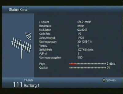 2016_10_24_LBZ_001.jpg
Am 24.10.2016 wurde das Testsignal aus Schwerin auf K46 wieder abgeschaltet. Der Technisat Digipal T2 HD, welcher aus dem Standby direkt auf K46 "geweckt" wurde, zeigte eine unrealistische, astronomisch hohe Nettobitrate an. Eigentlich müsste die NBR mit "0 MBit/s" oder gar nicht angegeben sein.
Schlüsselwörter: TV DVB-T2 Testsignal Einmessung Parameter befristete Ausstrahlung Schwerin K46 Abschaltung