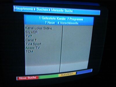 2009_01_29_PCH1_011.JPG
Was vom DTT Nät 5 noch übriggeblieben ist. "Kanal Lokal Skåne" und "TV7" sind nur noch leere ID's ohne Inhalt Hörby, K61)
Schlüsselwörter: TV Tropo Überreichweite DVB-T Schweden Sverige DTT Nät 5