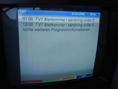 2009_04_24_PCH1_006.jpg
TV7, DTT Nät 5, Hörby, K61. Momentan noch als leere ID. Los geht's erst im Mai
Schlüsselwörter: TV Tropo Überreichweite DVB-T Schweden Sweden Sverige DTT Nät 5 Skåne TV7