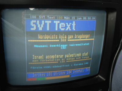 2009_06_15_PCH1_016.JPG
SVT Text, einheitlicher VT für alle Programme der SVT, DTT Nät 1 Skåne, SFN Skåne Län, K33
Schlüsselwörter: TV Tropo Überreichweite DVB-T Schweden Sweden Sverige SVT DTT Nät 1 FTA Teletext Videotext VT