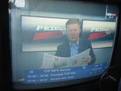 2010_04_30_PCH1_010.JPG
TV INFO (Regional: Gorzów), DVB-T Lubuskie, SFN Lubuskie, K45 in MPEG-4 (RX: "Maximum T-1300")
Schlüsselwörter: TV Tropo DVB-T Lubuskie Polen Polska MPEG4 TVP INFO