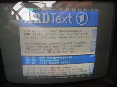 2010_06_25_PCH1_005.JPG
Videotext des "Ersten", Boxer Danmark Mux 5, SFN Nakskov/Vordingborg, K66
Schlüsselwörter: TV Tropo Überreichweite DVB-T digital MPEG4 verschlüsselt encrypted Boxer Danmark ARD Das Erste VT Videotext Teletext Tekst-TV K66