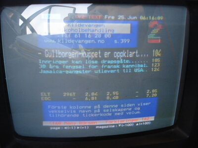 2010_06_25_PCH1_006.JPG
Videotext von "TV 2 Norge", , Boxer Danmark Mux 5, SFN Nakskov/Vordingborg, K66
Schlüsselwörter: TV Tropo Überreichweite DVB-T digital MPEG4 verschlüsselt encrypted Boxer Danmark TV2 Norge VT Videotext Teletext Tekst-TV K66