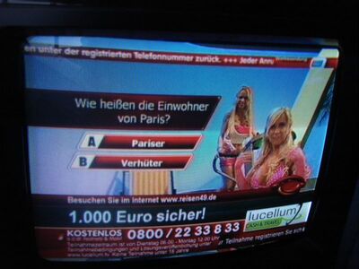 2010_09_03_PCH1_003.JPG
9Live, MA HSH Hamburg 1, SFN Hamburg, K46. Gibt es noch primitivere Quizfragen?
Schlüsselwörter: TV Tropo Überreichweite 9Live MA-HSH Hamburg Quiz Nachtprogramm