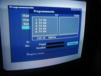 2010_11_26_PCH1_005.JPG
DVB-T Mux 3, Szczecin 1 (Kolowo), K49. Gegen 05:58 MEZ wurde kurzzritig die Dekodierschwelle (50% Qualität) erreicht, bevor das Signal wegfadete. Selbst für die Px-ID's reichte es nicht, geschweige denn für Bild und Ton ...
Schlüsselwörter: TV Tropo Überreichweite DVB-T TVP Mux 3 Polen Polska Szczecin
