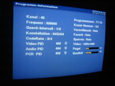 2010_11_26_PCH1_006.JPG
DVB-T Mux 3, Szczecin 1 (Kolowo), K49.
... Immerhin die Sendeparameter konnte der Maximum T-1300 erkennen ...
Schlüsselwörter: TV Tropo Überreichweite DVB-T TVP Mux 3 Polen Polska Szczecin