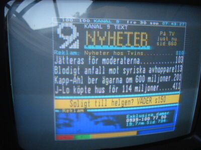 2011_09_30_PCH1_012.JPG
Teletext von "Kanal 9" (Px verschlüsselt), DTT Nät 4, Vislanda 1 (Nydala), K55
Schlüsselwörter: TV Tropo Überreichweite DVB-T digital Schweden Sverige DTT Nät 4 Kanal 9 verschlüsselt encrypted Videotext Teletext