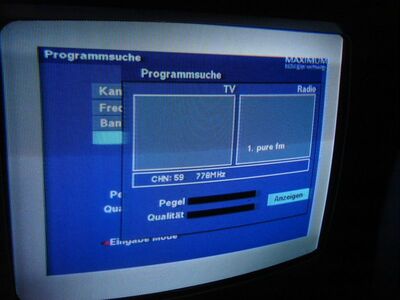 2011_10_17_PCH1_005.JPG
Auch mit dem Maximum T-1300 ist auf dem Berliner K59 kein weiteres Programm auffindbar
Schlüsselwörter: TV DVB-T DTT digital Berlin MABB Mux 4 Abschaltung BerlinMix1 Maximum T-1300