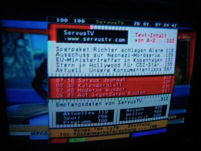 2012_01_26_PCH1_005.JPG
Teletext von Servus TV, MABB Mux 4, SFN Berlin, K59
Schlüsselwörter: TV DVB-T Berlin MABB Mux 4 K59 Juwelo Servus Videotext teletext Tekst