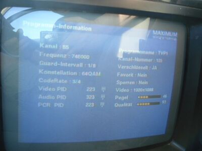 2012_07_27_PCH1_013.JPG
Sendeparameter des "TV Mobilna Mux-4" auf K55 (hier TVP 1)
Schlüsselwörter: TV Tropo Überreichweite digital DVB-T DTT Mobilna Mux-4 Szczecin K55 verschlüsselt encrypted Irdeto Parameter parameters Maximum T-1300