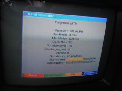 2012_08_20_PCH1_001.JPG
MTV Sverige, DTT Nät 4, Vislanda 1 (Nydala), K37. Leider ist dieses Bouquet komplett verschlüsselt
Rx.: Technisat Digipal 1
Schlüsselwörter: TV Tropo Überreichweite digital DVB-T DTT Schweden Sverige DTT Nät 4 Vislanda K37 verschlüsselt scrambled encrypted