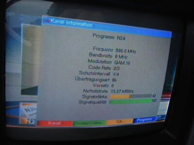 2012_08_24_PCH1_002.JPG
Sendeparameter für N24, Pro7.Sat1-Bouquet, Kiel 2 (Amselsteig), K35
Schlüsselwörter: TV Tropo Überreichweite digital DVB-T DTT N24 P7S1 Kiel K35 Sendeparameter Parameter