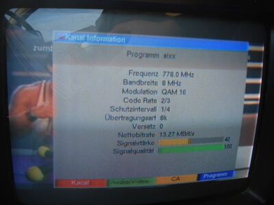 2012_08_28_PCH1_003.JPG
sixx, MA-HSH Bouquet für Schleswig-Holstein, SFN Lübeck (Berkenthin/Stockelsdorf), K59
Schlüsselwörter: TV Tropo Überreichweite digital DVB-T DTT sixx MAHSH Lübeck K59