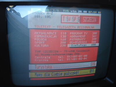 2012_08_28_PCH1_009.JPG
Videotext TVP Info Szczecin, TP Emitel Mux-1, Szczecin 1 (Kolowo), K41. Bei TVP Info ist auch der VT regionalisiert!
Schlüsselwörter: TV Tropo Überreichweite digital DVB-T DTT Polen Polska TVP Info Emitel Mux-1 Szczecin K41 VT Videotext teletext telegazeta