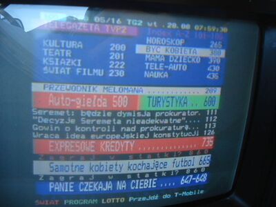 2012_08_28_PCH1_011.JPG
Videotext TVP 2 ("Telegazeta TVP2", ID "TG2") Seite 100, TP Emitel Mux-1, Szczecin 1 (Kolowo), K41
Schlüsselwörter: TV Tropo Überreichweite digital DVB-T DTT Polen Polska TVP2 Emitel Mux-1 Szczecin K41 VT Videotext teletext telegazeta