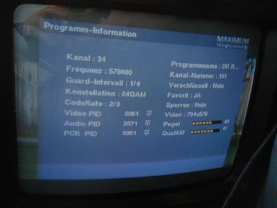 2012_09_11_PCH1_001.JPG
Sendeparamater DIGI TV Mux 2, SFN Nakskov/Vordingborg, K34
Schlüsselwörter: TV Tropo Überreichweite digital DVB-T DTT Dänemark Danmark DIGI TV Mux2 K34 Sendeparameter Parameter