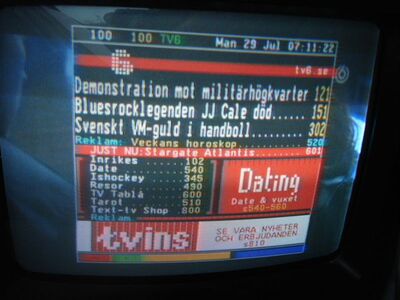 2013_07_29_PCH1_003.JPG
Videotext TV6, DTT Nät 2, SFN Blekinge Län, K24
Schlüsselwörter: TV DX Tropo Überreichweite DVB-T DTT digital terrestrisch Schweden Sverige TV6 Videotext VT Teletext DTT Nät2 Blekinge UHF K24