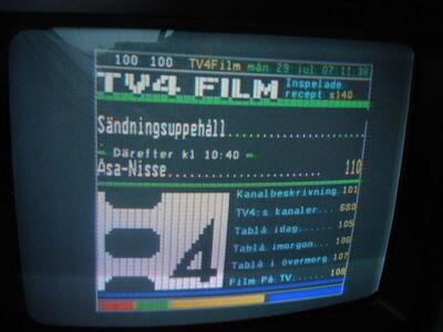 2013_07_29_PCH1_004.JPG
Videotext TV 4 Film (PX verschlüsselt), DTT Nät 2, SFN Blekinge Län, K24
Schlüsselwörter: TV DX Tropo Überreichweite DVB-T DTT digital terrestrisch Schweden Sverige TV4 Film Videotext VT Teletext DTT Nät2 Blekinge UHF K24