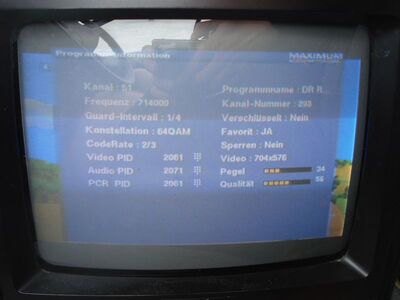 2013_08_22_PCH1_007.JPG
Sendeparameter DFIGI TV 2, SFN Storkøbenhavn/Jyderup, K51
Schlüsselwörter: TV DX Tropo Überreichweite DVB-T DTT digital terrestrisch Dänemark Danmark DIGI 2 K34 Sendeparameter parameters