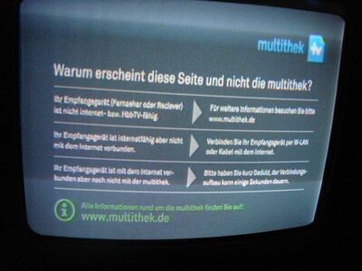 2013_11_26_PCH1_006.JPG
Multithek-Hinweistafeln. Erscheint bei Nutzung eines MPEG-4-fähigen DVB-T Rx ohne HbbTV-Funktion. Bei nur MPEG2-tauglichen Geräten wird zwar die ID erkannt, es gibt aber nur Schwarzbild
Schlüsselwörter: TV DX Tropo Überreichweite DVB-T DTT digital terrestrisch Multithek Hinweistafel