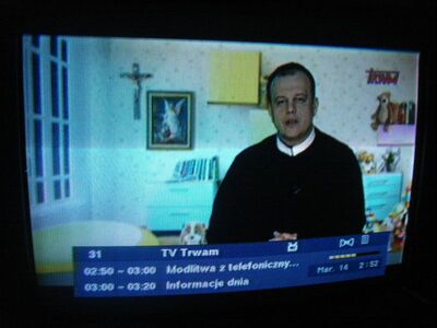 2014_03_14_PCH1_003.JPG
TV TRWAM (erzkonservatives katholisches TV), seit Januar im Emitel Mux-1, Szczecin 1 (Kolowo), K41
Schlüsselwörter: TV DX Tropo Überreichweite DVB-T DTT Polen Polska TRWAM Emitel Mux-1 Szczecin K41