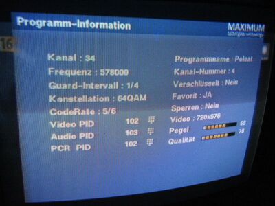 2014_06_11_PCH1_005.JPG
Sendeparameter für Polsat, TP Emitel Mux-2, SFN Szczecin/Swinouscie, K34
Schlüsselwörter: TV DX Tropo Überreichweite DVB-T DTT digital UHF Polen Polska Polsat Emitel-Mux2 Szczecin K34 Parameter