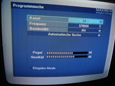2014_06_11_PCH1_013.JPG
jetzt geht auf K34 nichts mehr. Bei mehr als 50% Qualität müsster der Maximum T-1300 eigentlich etwas erkennen. Tut aber kein Rx, wenn sich mehrere Bouquets auf einem Kanal beißen
Schlüsselwörter: TV DX Tropo Überreichweite DVB-T DTT digital UHF Interferenz Gleichkanalstörung Mehrfachbelegung