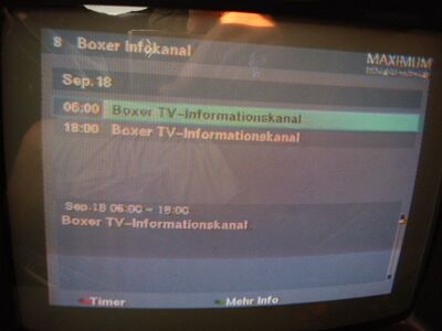 2014_09_18_PCH1_001.JPG
EPG des Boxer Infokanal (via SFN Nakskov/Vordingborg/Jyderup, K38). Nicht sehr informativ...
Schlüsselwörter: TV Tropo Überreichweite UHF DVB-T DTT digital Dänemark Danmark Boxer Mux4 Infokanal Nakskov Vordingborg K38 EPG