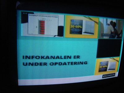 2015_02_06_PCH1_001.JPG
"Boxer Infokanal unter Aktualisierung" - vermutlich seit 01.01.2015 sieht man nur noch dieses Standbild
Schlüsselwörter: TV Tropo Überreichweite UHF DVB-T DTT digital Dänemark Danmark Boxer Mux4 Infokanal Nakskov Vordingborg K38